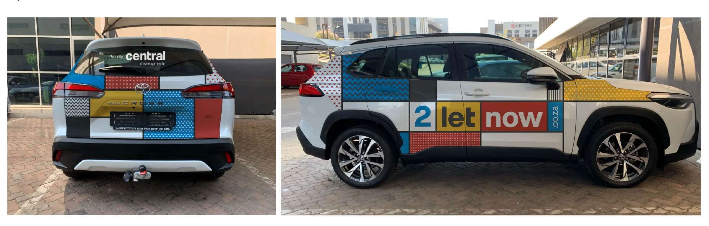 White SUV wrapped in 2LetNow block-colour branding, seen from the rear and side