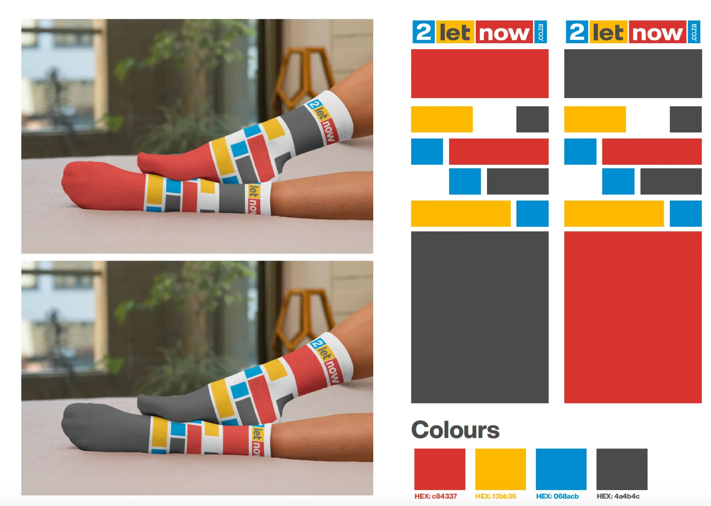 2LetNow branded socks on a model with the colour palette alongside
