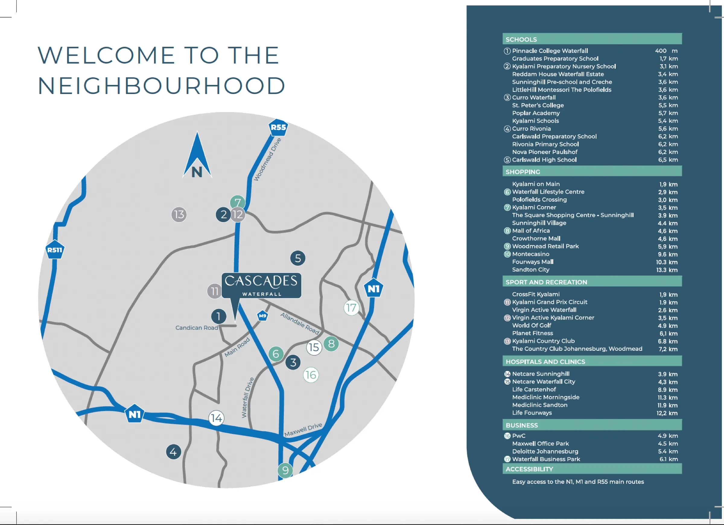 Welcome to the neighbourhood: a locality map around Cascades, Waterfall, with nearby amenities listed
