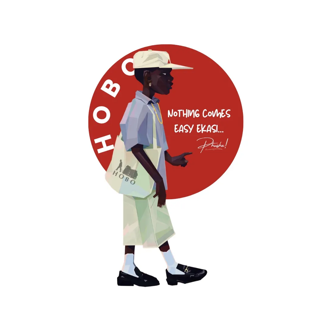 Illustrated figure in a hat walking past a red sun: Nothing comes easy ekasi