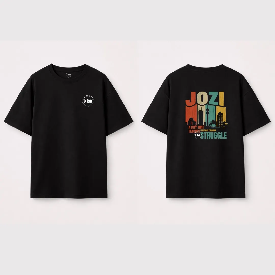 Black tees front and back, the back printed with the Jozi graphic