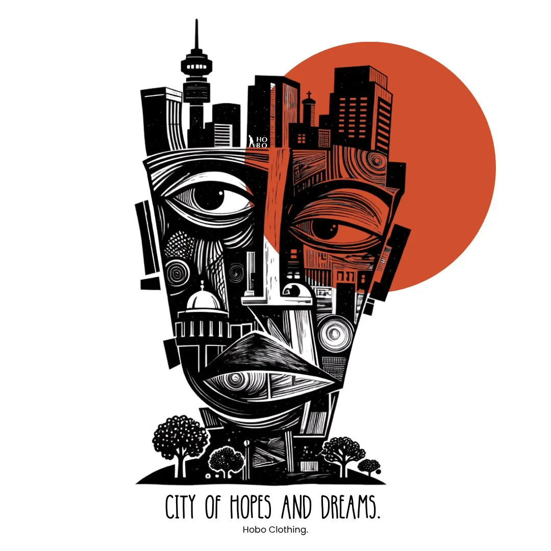 City of Hopes and Dreams — a mask-like face built from the Johannesburg skyline against an orange sun
