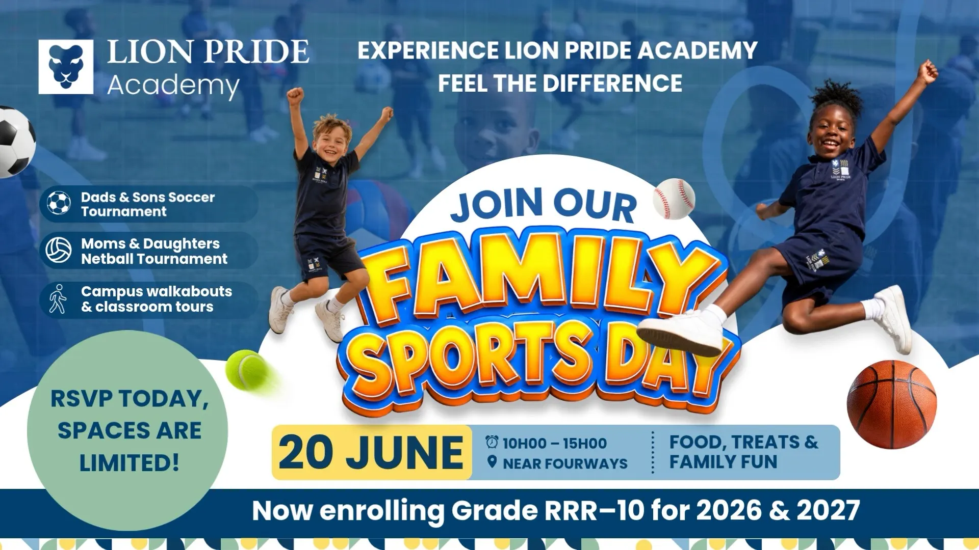 Lion Pride Academy Family Sports Day promo with children jumping and bold event typography