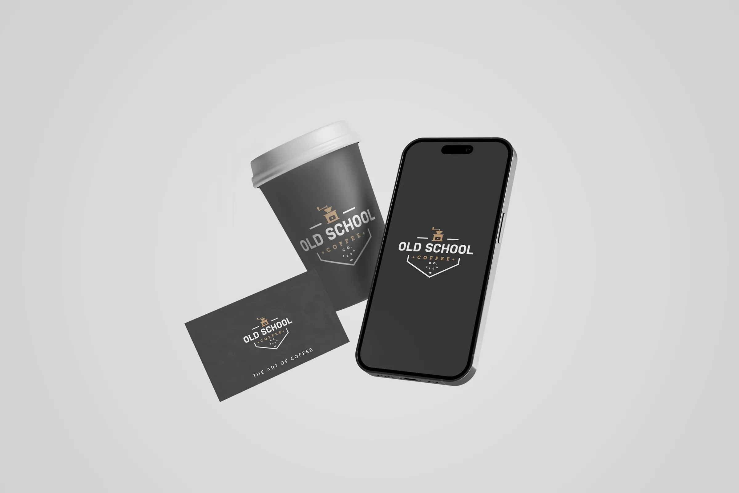 Old School Coffee logo on a takeaway cup, business card and phone screen