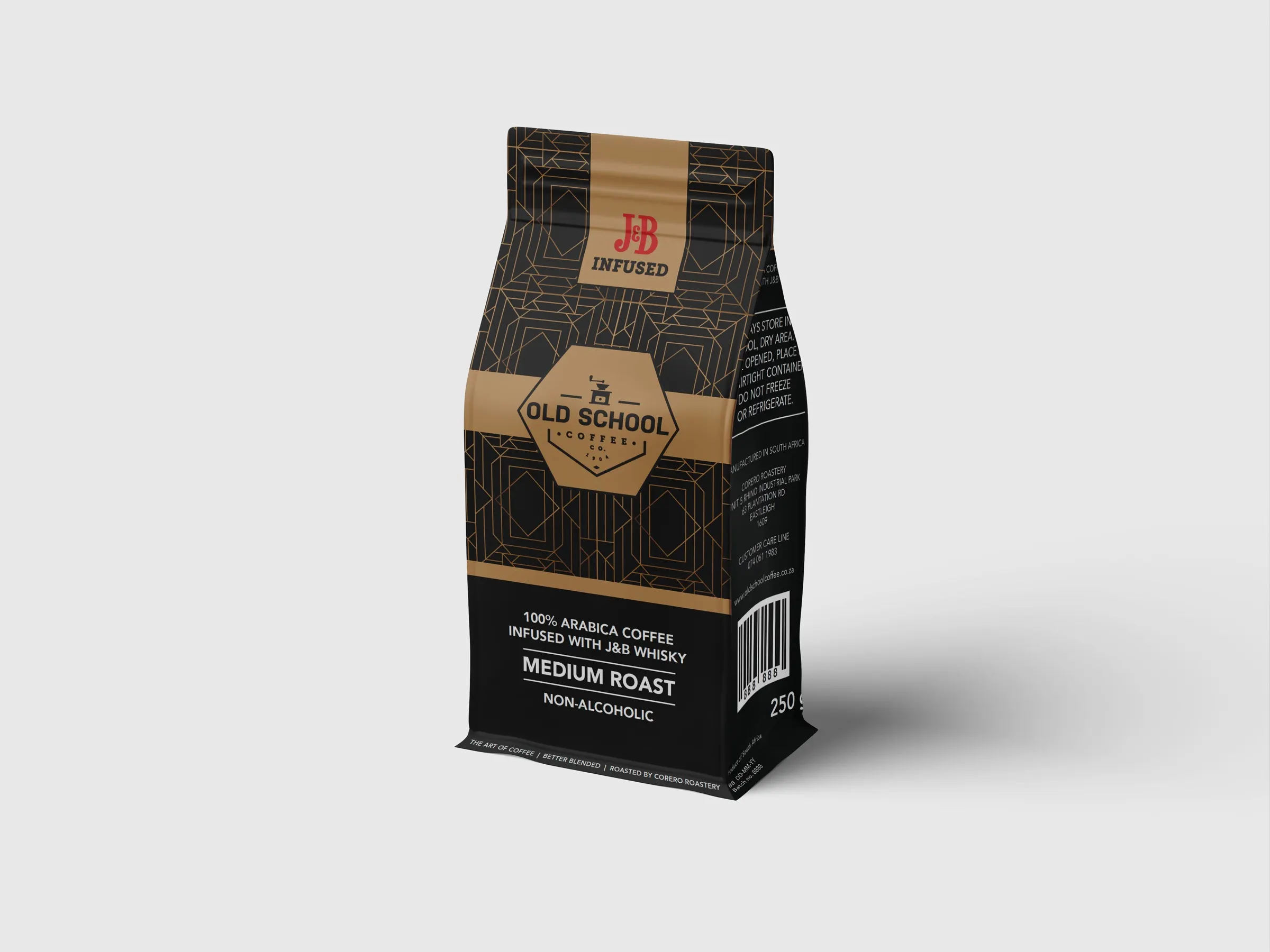 Old School Coffee J&B-infused medium roast coffee bag in black and gold