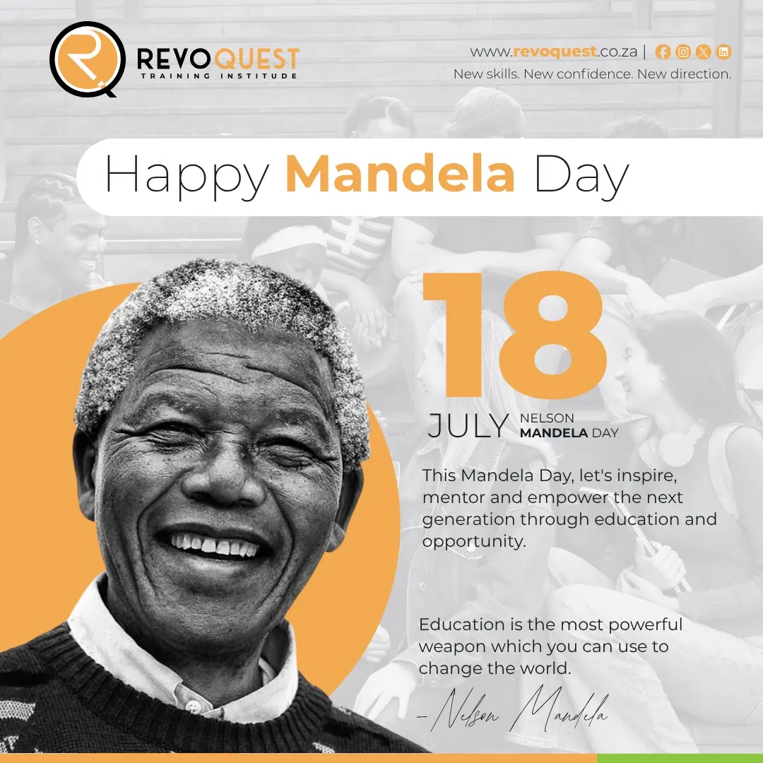 Happy Mandela Day post with a black-and-white portrait of Nelson Mandela