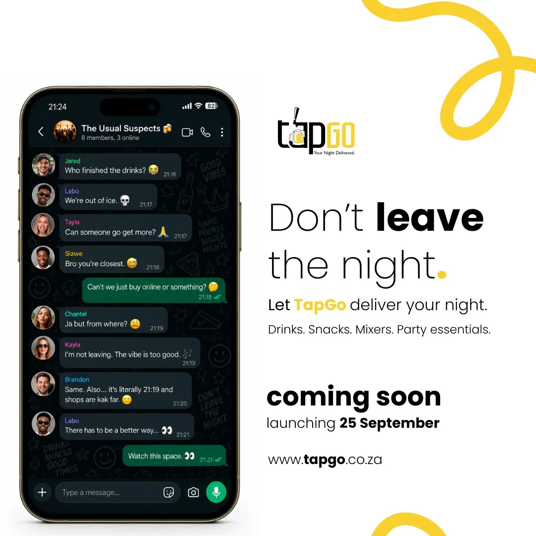 TapGo teaser: a phone showing a group chat running out of drinks, with the line Don't leave the night