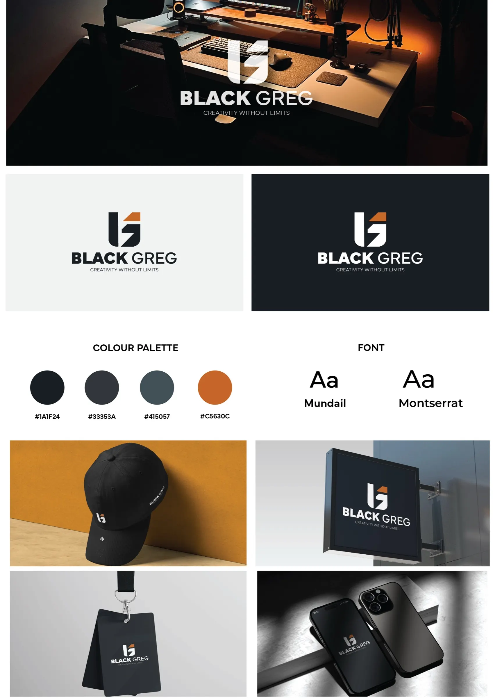The Black Greg mini brand guide showing logo versions, colour palette, typefaces and applications