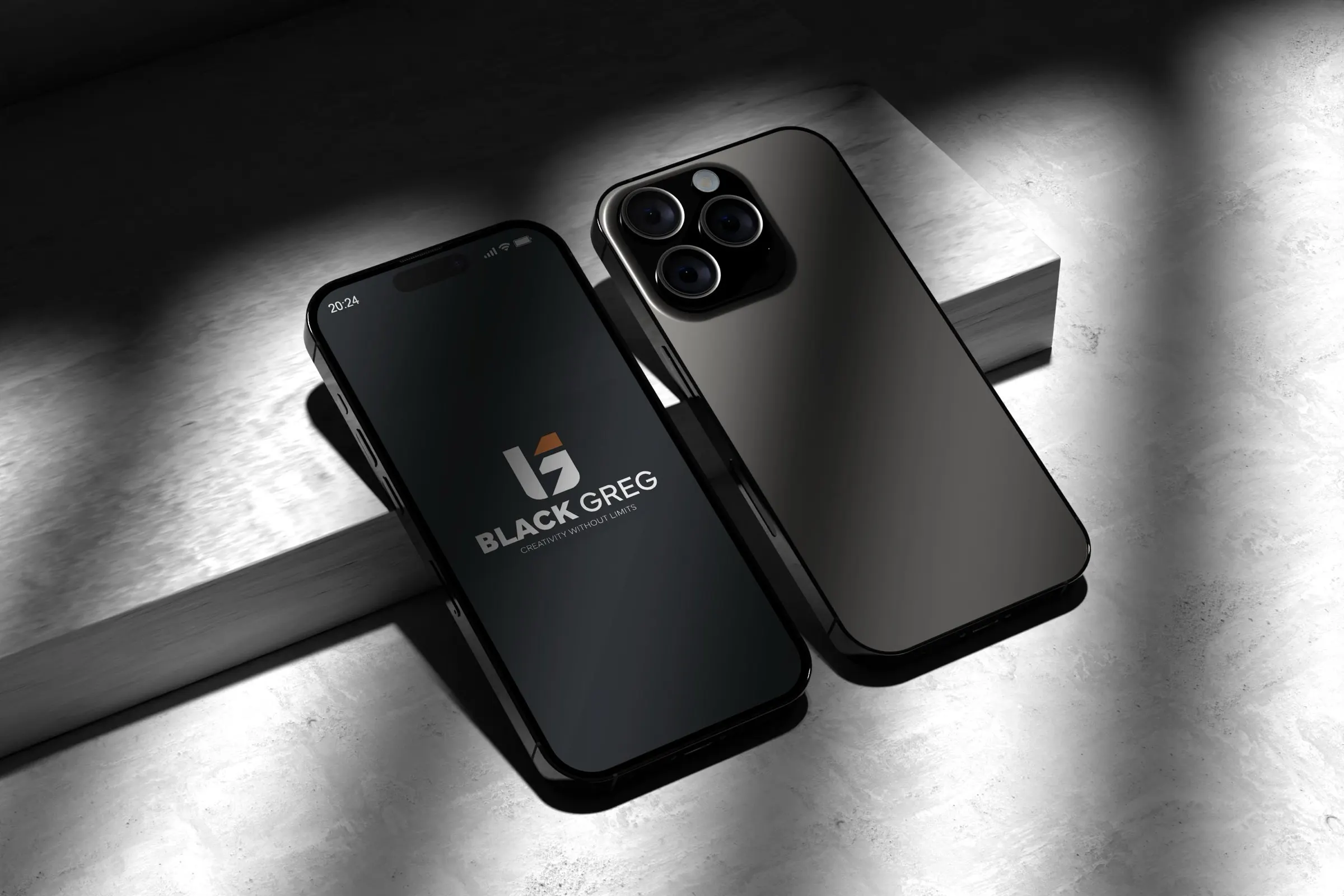 Two black smartphones displaying The Black Greg logo