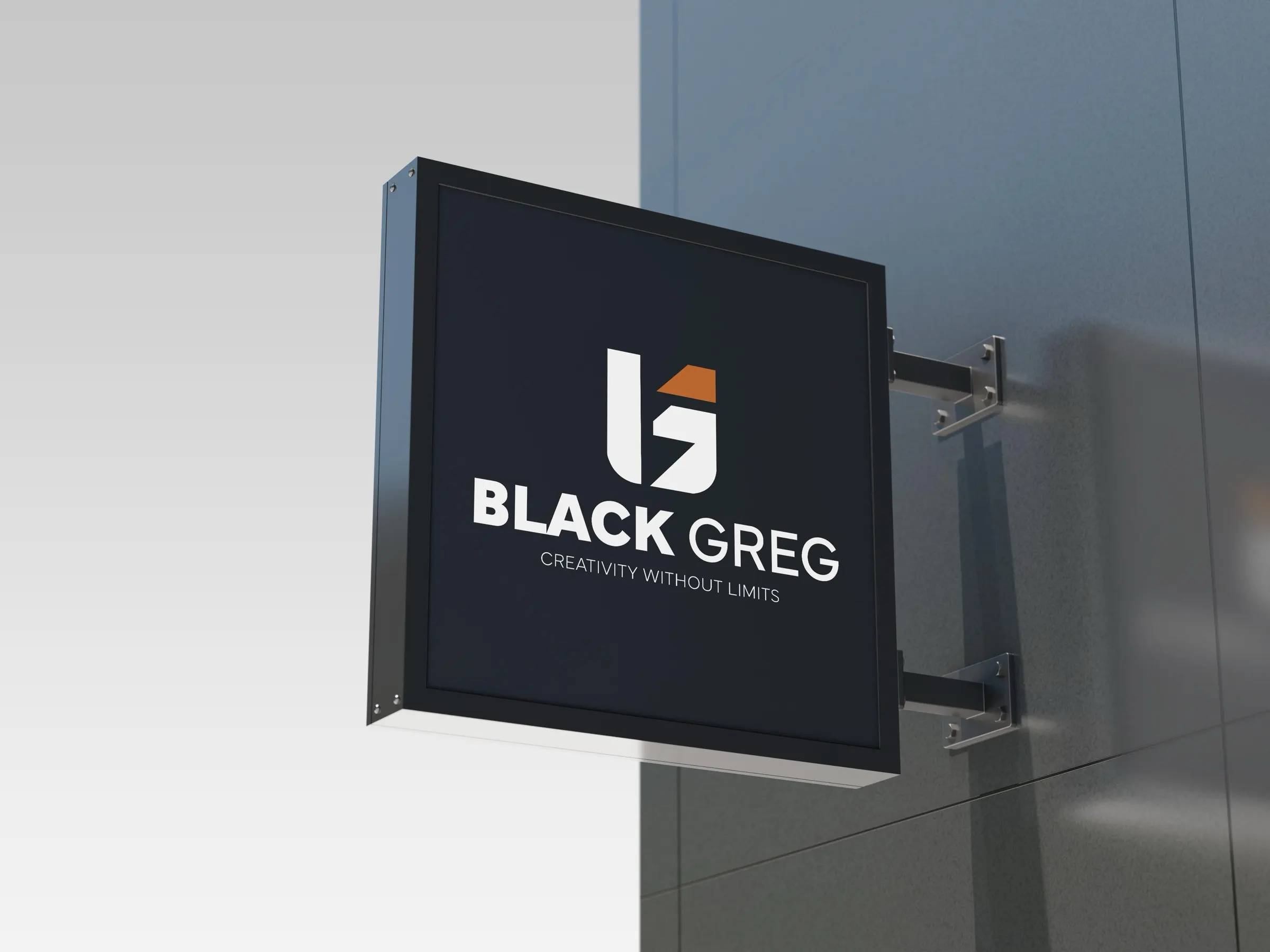 Wall-mounted square sign with The Black Greg logo in white on charcoal