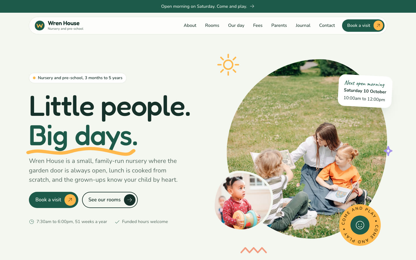 The Pip home page: the headline Little people, big days beside a photograph of a teacher reading with two children