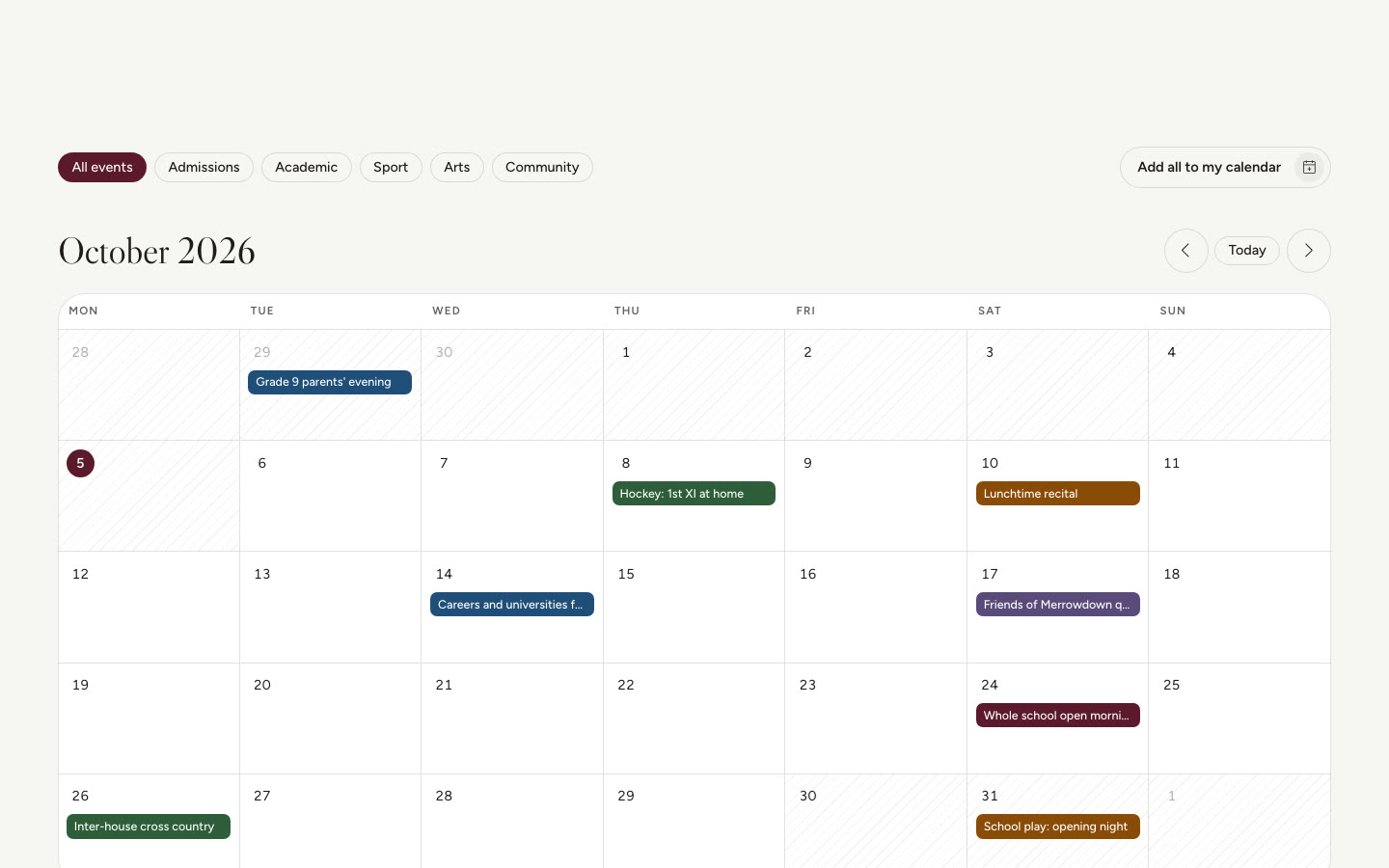 The month calendar with events and school holidays