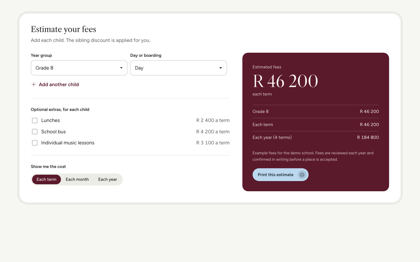The fee estimator, showing fees for one child each term