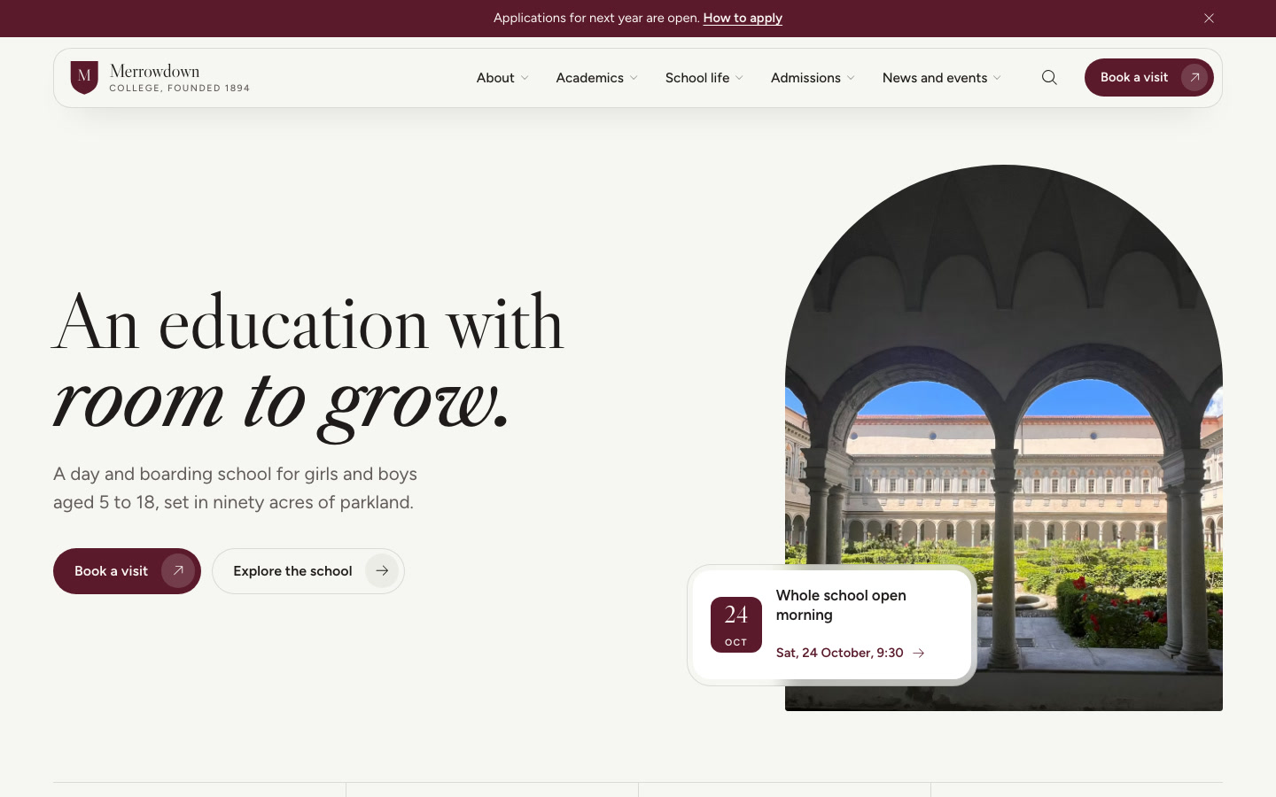 The Quad home page: a large serif headline beside an arched photograph of a cloister garden